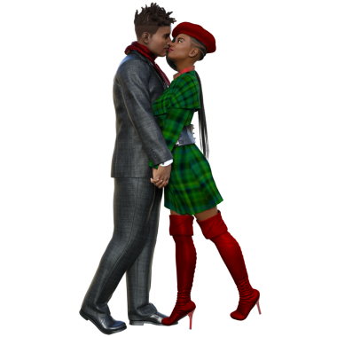 Üç boyutlu, şeffaf arka planda kışın giyinmiş romantik bir çift.