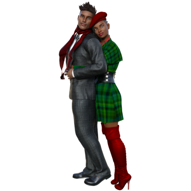 Üç boyutlu, şeffaf arka planda kışın giyinmiş romantik bir çift.