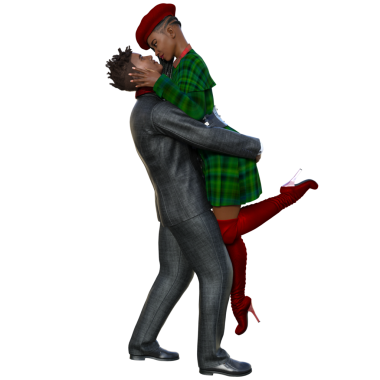 Üç boyutlu, şeffaf arka planda kışın giyinmiş romantik bir çift.