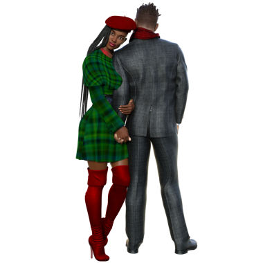 Üç boyutlu, şeffaf arka planda kışın giyinmiş romantik bir çift.