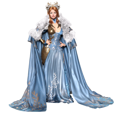 Üç boyutlu fantezi kadın kış kraliçesi öfkeli bir pelerin ve şeffaf arka planda izole edilmiş mavi bir elbise.