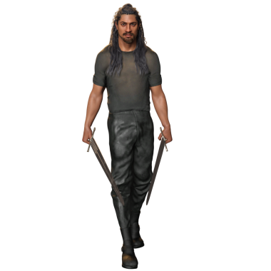 Üç boyutlu, uzun saçlı, sakallı, şeffaf arka planda izole edilmiş bir erkek karakterin üç boyutlu bir tasviri.. 