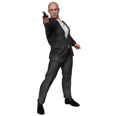 3D, siyah takım elbiseli bir erkek karakteri resmediyor. Silah, şeffaf bir arkaplanda izole edilmiş. 