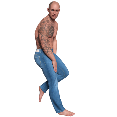 3 boyutlu, göğsünde ve kolunda dövmesi olan, şeffaf bir arkaplanda izole edilmiş bir erkek üstsüz karakterin çizimi. 