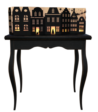 Şeffaf arkaplanda izole edilmiş klasik bir tablo üzerinde ev desenleri olan 3 boyutlu hazırlanmış fener 