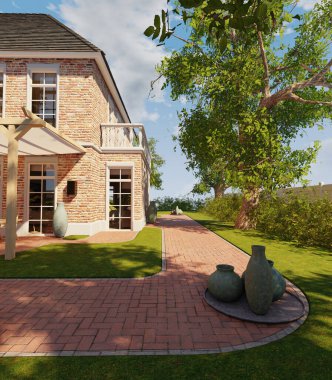 Bir malikanenin 3 boyutlu dış bahçesi. 