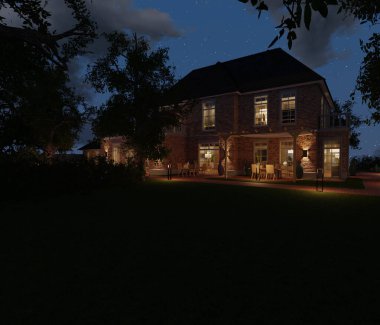 Geceleri bir villanın 3 boyutlu dış görünüşü.