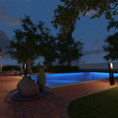 Geceleri bir villanın 3 boyutlu dış görünüşü.