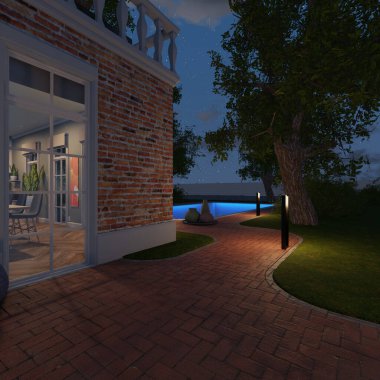 Geceleri bir villanın 3 boyutlu dış görünüşü.