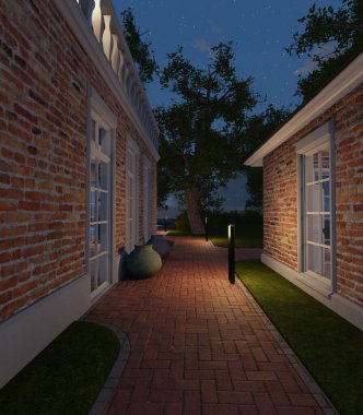 Geceleri bir villanın 3 boyutlu dış görünüşü.