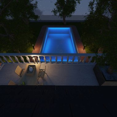 Geceleri bir villanın 3 boyutlu dış görünüşü.