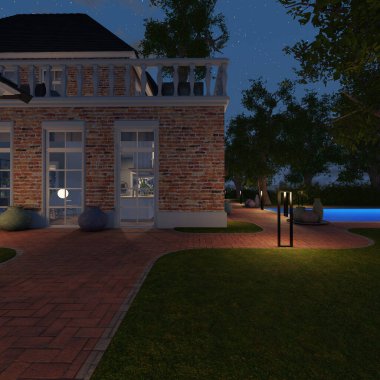 Geceleri bir villanın 3 boyutlu dış görünüşü.