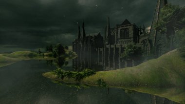 3D karanlık fantezi Gotik kale manzarası 