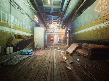 3D dahili siber punk terk edilmiş bina 