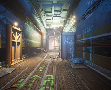 3D dahili siber punk terk edilmiş bina 
