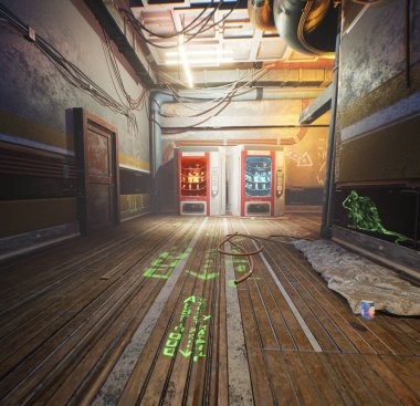 3D dahili siber punk terk edilmiş bina 