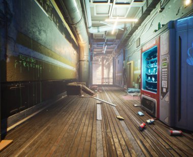3D dahili siber punk terk edilmiş bina 