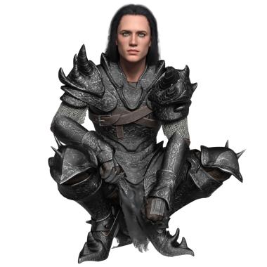 3 boyutlu, şeffaf arkaplanda zırhı olan fantezi erkek karakter.