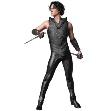 3 boyutlu, şeffaf arkaplanda zırhı olan fantezi erkek karakter.