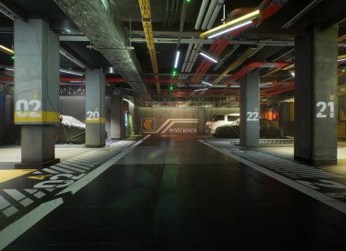 3D kentsel yeraltı otoparkının iç mekanı 