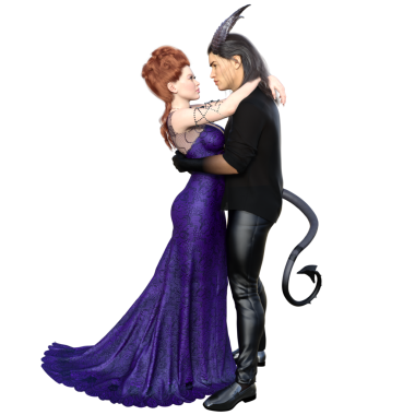 3 boyutlu fantezi bir çift, şeytani bir adam ve uzun elbiseli bir kadınla şeffaf bir arka planda izole edilmiş.