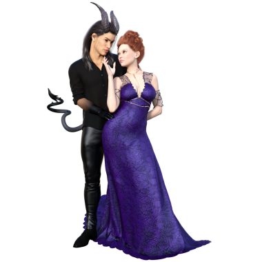 3 boyutlu fantezi bir çift, şeytani bir adam ve uzun elbiseli bir kadınla şeffaf bir arka planda izole edilmiş.