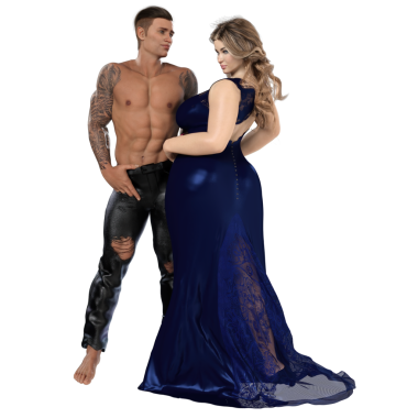 Mavi elbiseli bir kadın ve şeffaf arka planda izole edilmiş deri elbiseli bir adam.