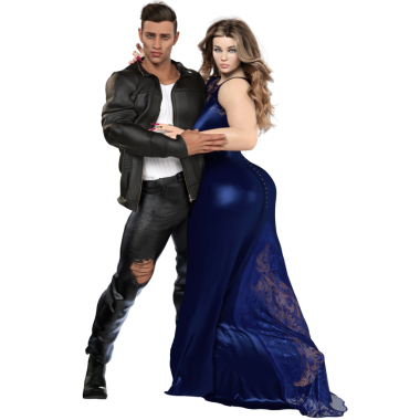 Mavi elbiseli bir kadın ve şeffaf arka planda izole edilmiş deri elbiseli bir adam.