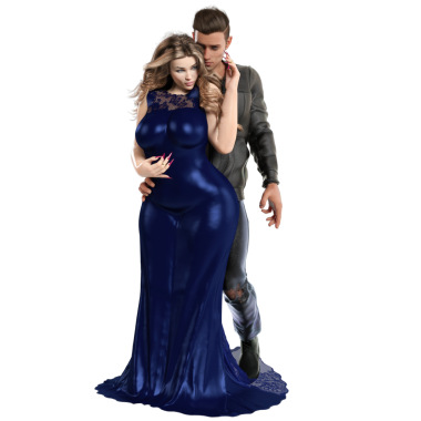 Mavi elbiseli bir kadın ve şeffaf arka planda izole edilmiş deri elbiseli bir adam.