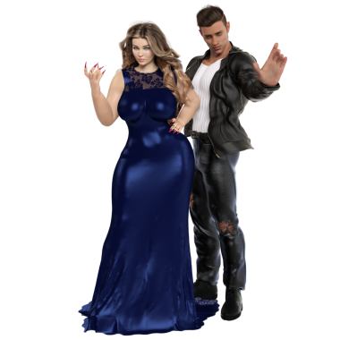 Mavi elbiseli bir kadın ve şeffaf arka planda izole edilmiş deri elbiseli bir adam.