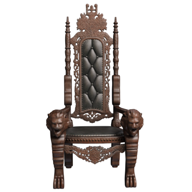 3D, şeffaf arka planda izole edilmiş karmaşık oymalar ve deri dolgu malzemeleriyle ortaçağ taht koltuğu.