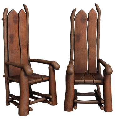 Arkaplanda izole edilmiş 3D ahşap ortaçağ yüksek sırtlı sandalyeler.