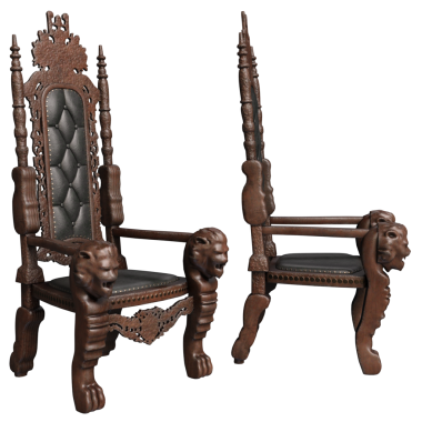 3D, şeffaf arka planda izole edilmiş karmaşık oymalar ve deri dolgu malzemeleriyle ortaçağ taht koltuğu.