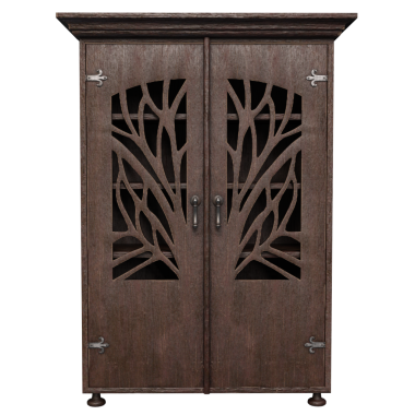 Şeffaf arkaplanda oyulmuş ağaç desenli 3 boyutlu ahşap dolap.