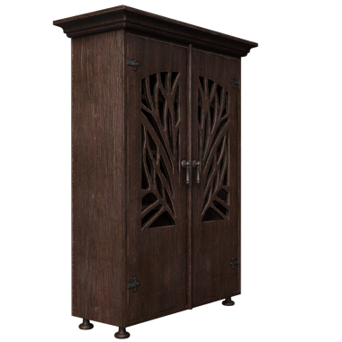 Şeffaf arkaplanda oyulmuş ağaç desenli 3 boyutlu ahşap dolap.