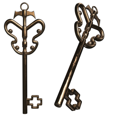 Şeffaf arkaplanda izole edilmiş dekoratif yaylı 3D dekoratif antika anahtarlar