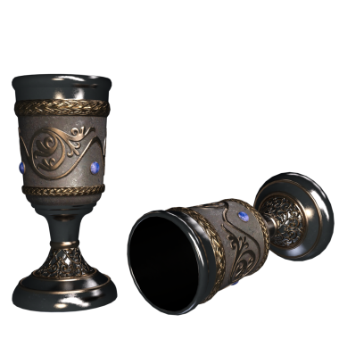 Şeffaf arkaplanda dekoratif oymalarla süslenmiş 3D ortaçağ kadehi.