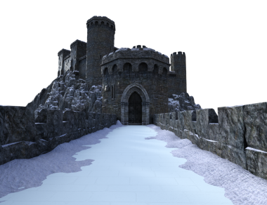 3D, kışın fantezi kalesini şeffaf arka planda izole edilmiş ortaçağ kalıntıları haline getirdi.