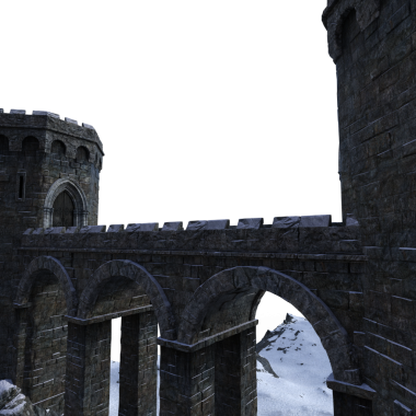 3D, kışın fantezi kalesini şeffaf arka planda izole edilmiş ortaçağ kalıntıları haline getirdi.