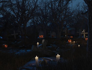 3 boyutlu karanlık orman mezarlığı parlayan balkabaklarıyla 