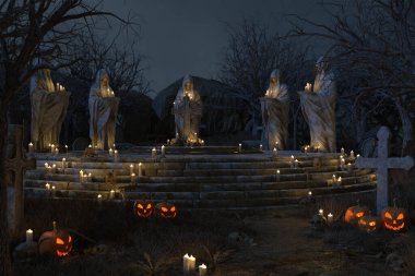 3 boyutlu karanlık orman mezarlığı parlayan balkabaklarıyla 