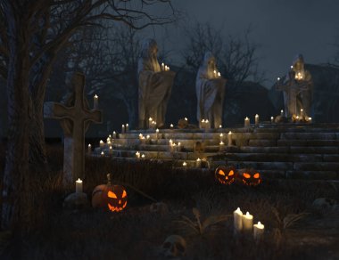 3 boyutlu karanlık orman mezarlığı parlayan balkabaklarıyla 