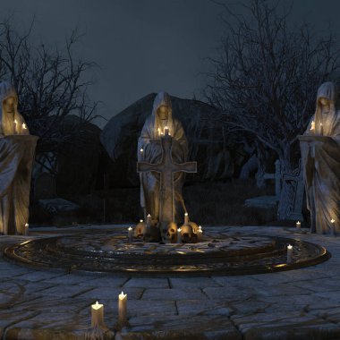 3 boyutlu karanlık orman mezarlığı parlayan balkabaklarıyla 