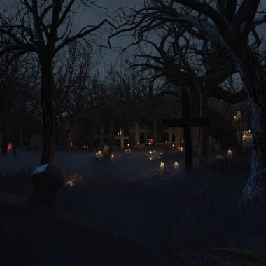 3 boyutlu karanlık orman mezarlığı parlayan balkabaklarıyla 