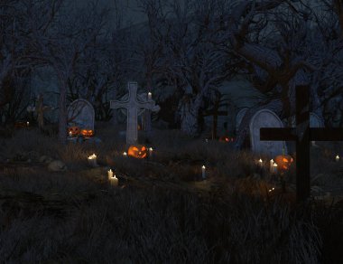 3 boyutlu karanlık orman mezarlığı parlayan balkabaklarıyla 