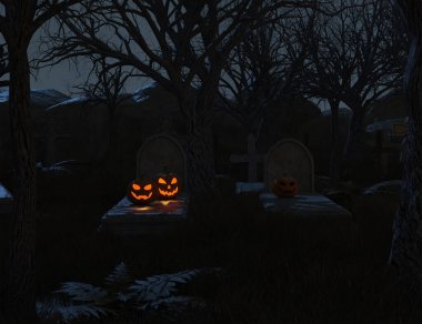 3 boyutlu karanlık orman mezarlığı parlayan balkabaklarıyla 