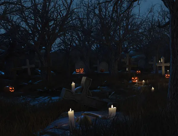 3 boyutlu karanlık orman mezarlığı parlayan balkabaklarıyla 