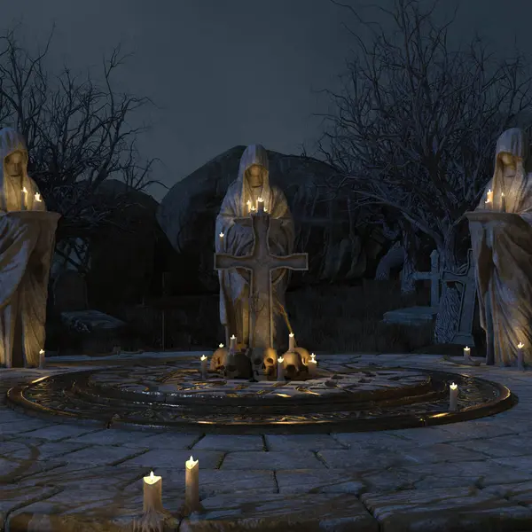 3 boyutlu karanlık orman mezarlığı parlayan balkabaklarıyla 