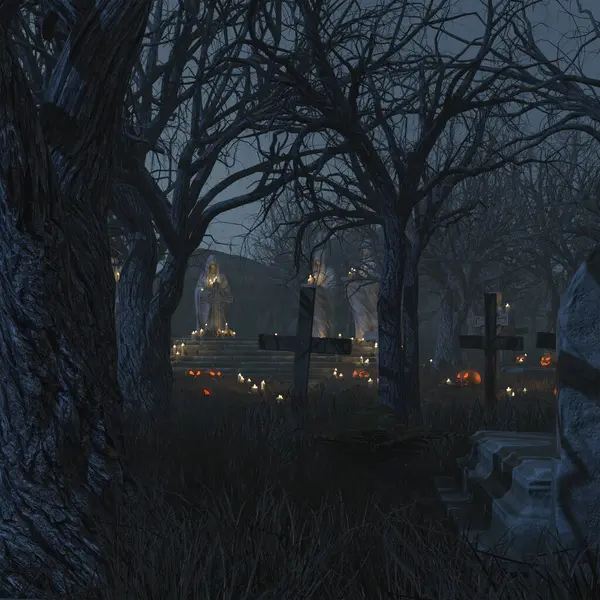 3 boyutlu karanlık orman mezarlığı parlayan balkabaklarıyla 