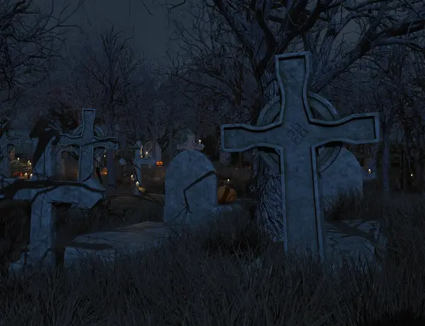 3 boyutlu karanlık orman mezarlığı parlayan balkabaklarıyla 